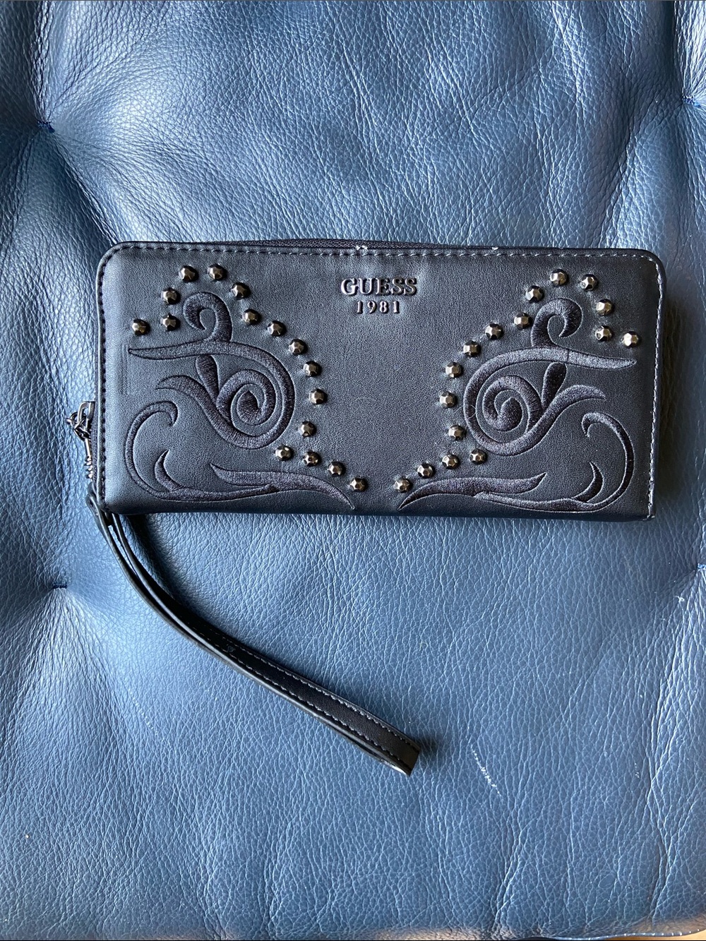 Guess Black Embossed Studded Zip Wristlet Wallet